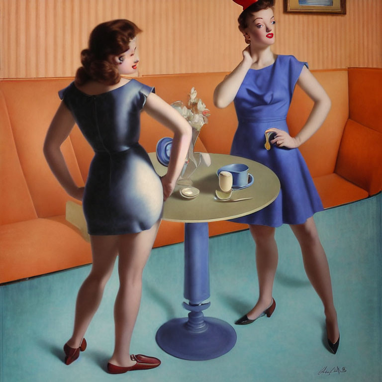 Stylized women in blue dresses chatting in room with orange walls