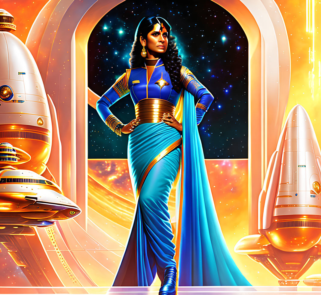 Futuristic woman in blue and gold uniform on spaceship corridor with cosmos view
