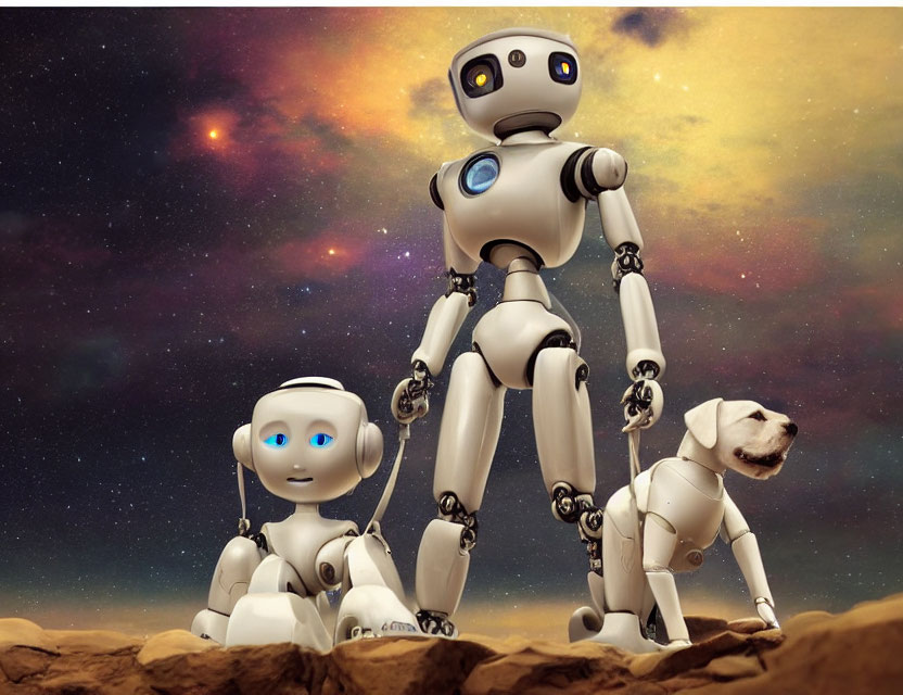 Family of robots on rocky terrain under starry sky