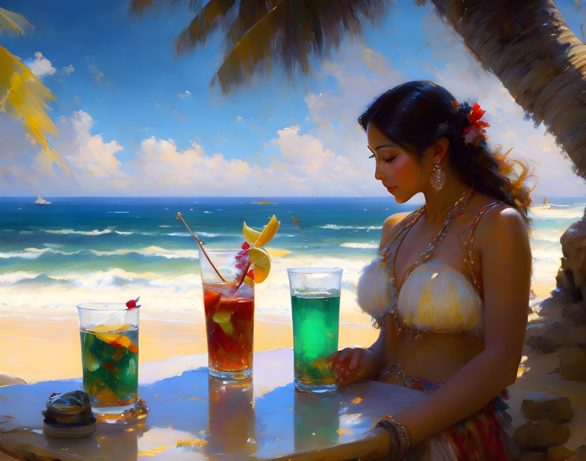 Woman with Tropical Drinks