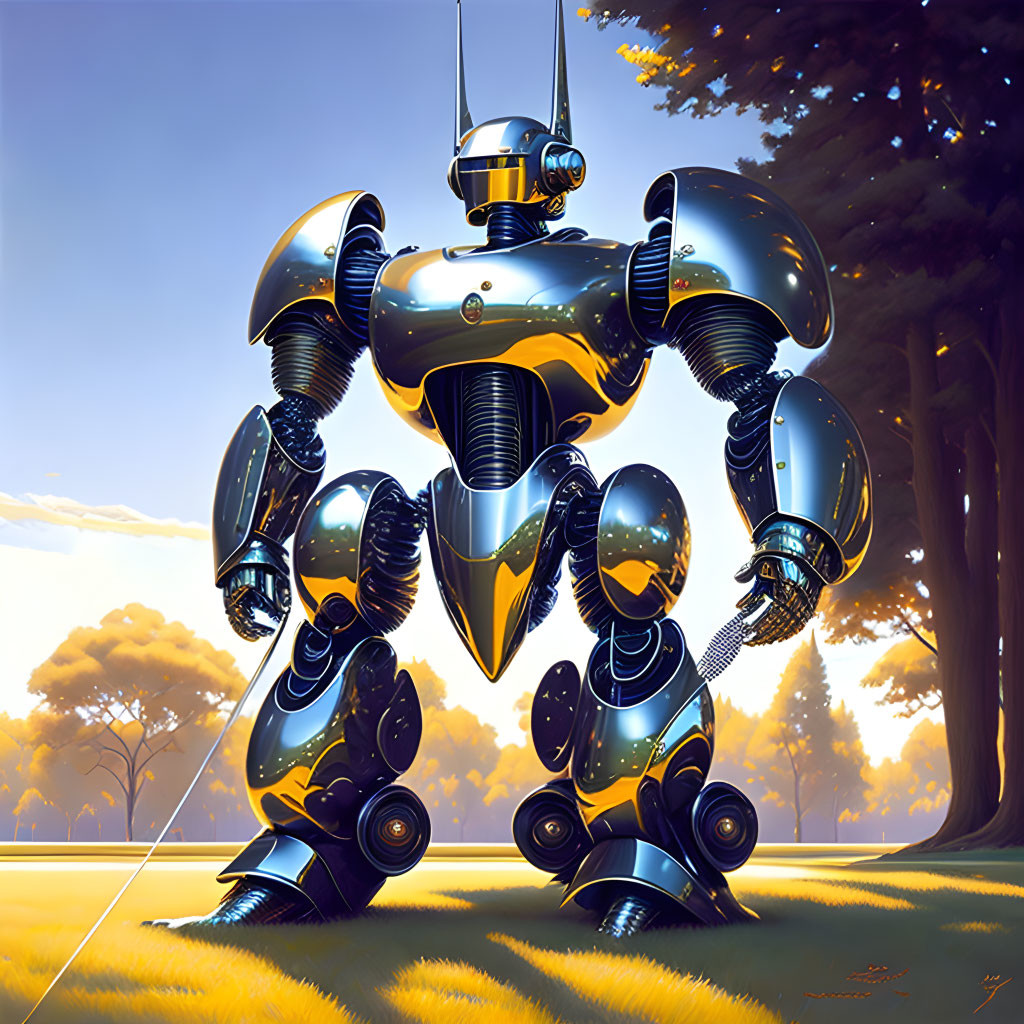 Sleek, shiny robot in sunlit park with trees and long shadows