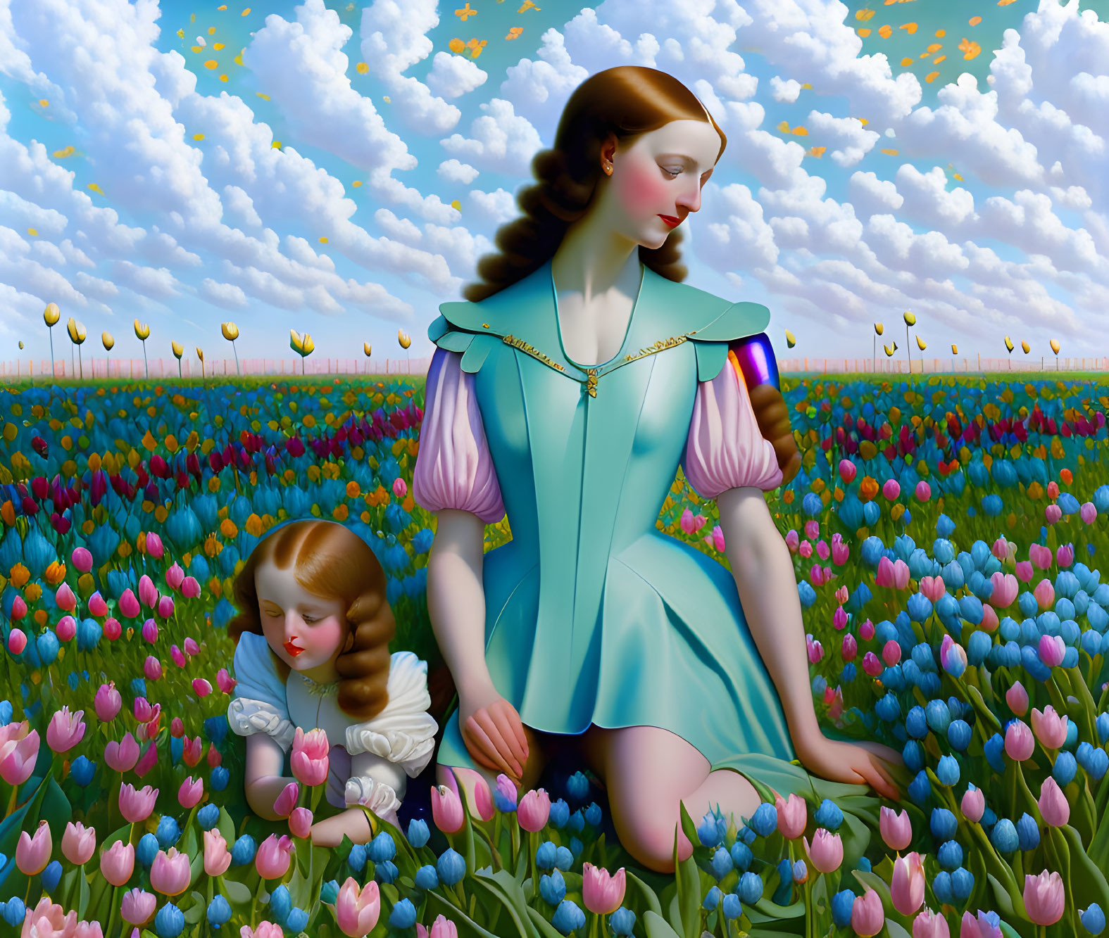 Woman with Girl in Tulip Field