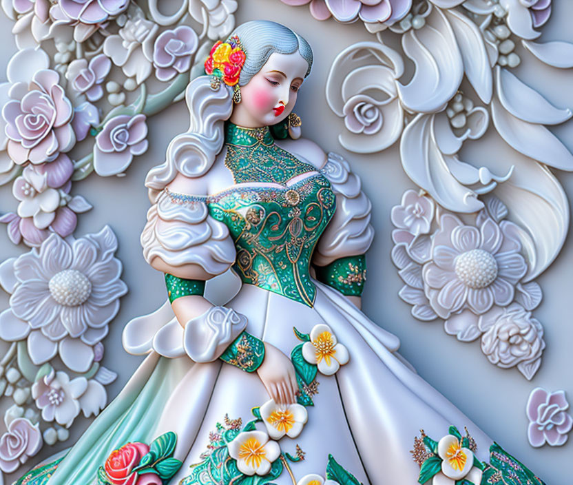 Detailed 3D illustration of a woman in ornate green and white dress
