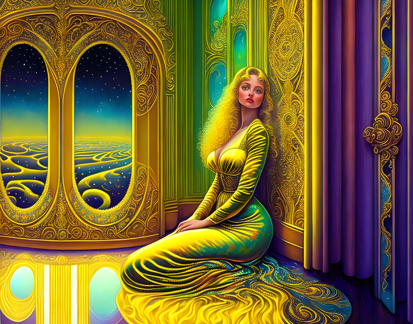 Golden-haired woman in vibrant, fantasy-themed room with swirling patterns and starry windows