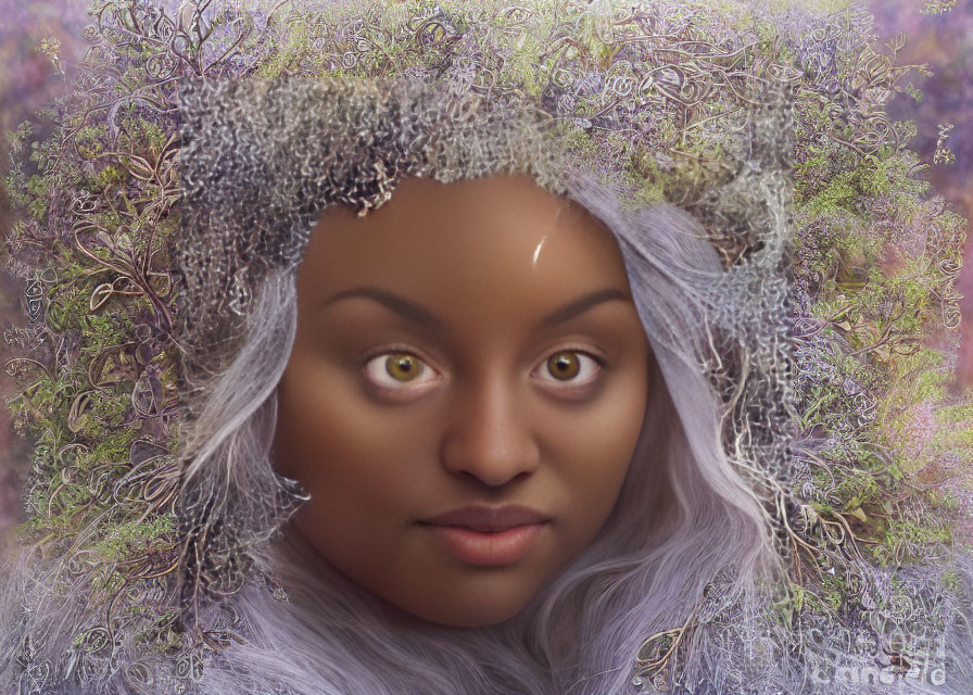 Digital art portrait of a woman with yellow eyes and floral crown.