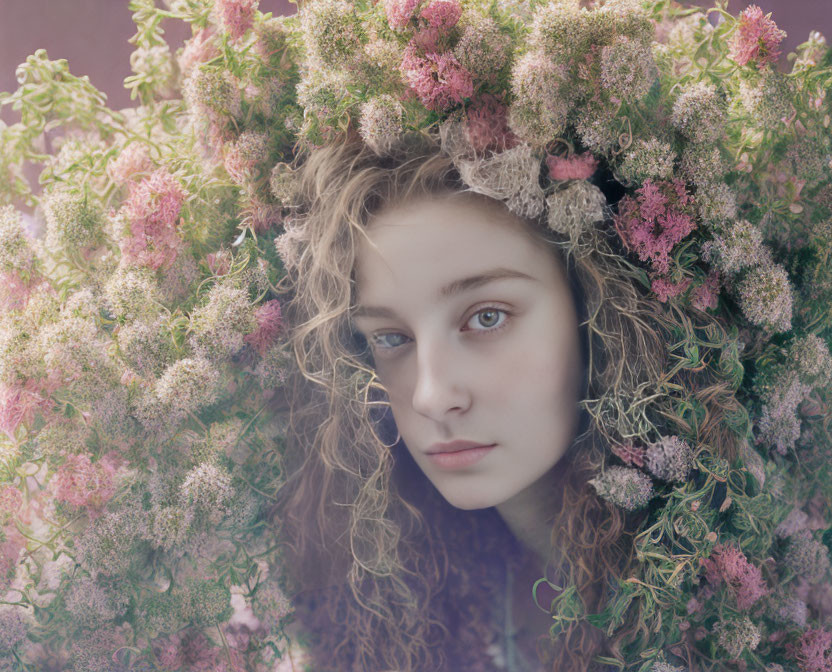 Fair-skinned person with curly hair in flower crown, gazing serenely off-camera.