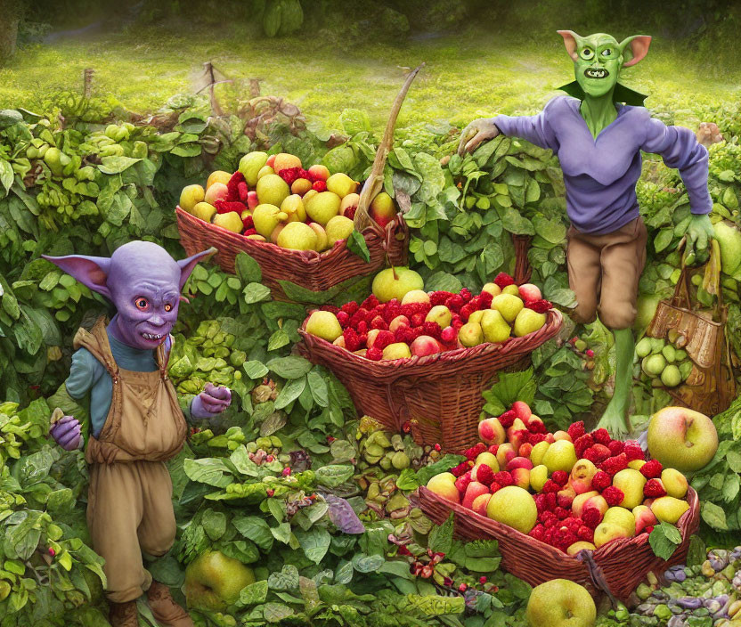 Colorful Fruit Baskets with Animated Troll-Like Creatures