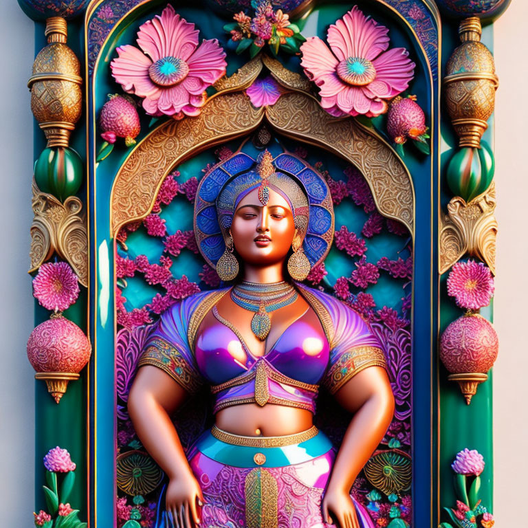 Colorful Woman in Traditional Attire Under Ornate Floral Arch