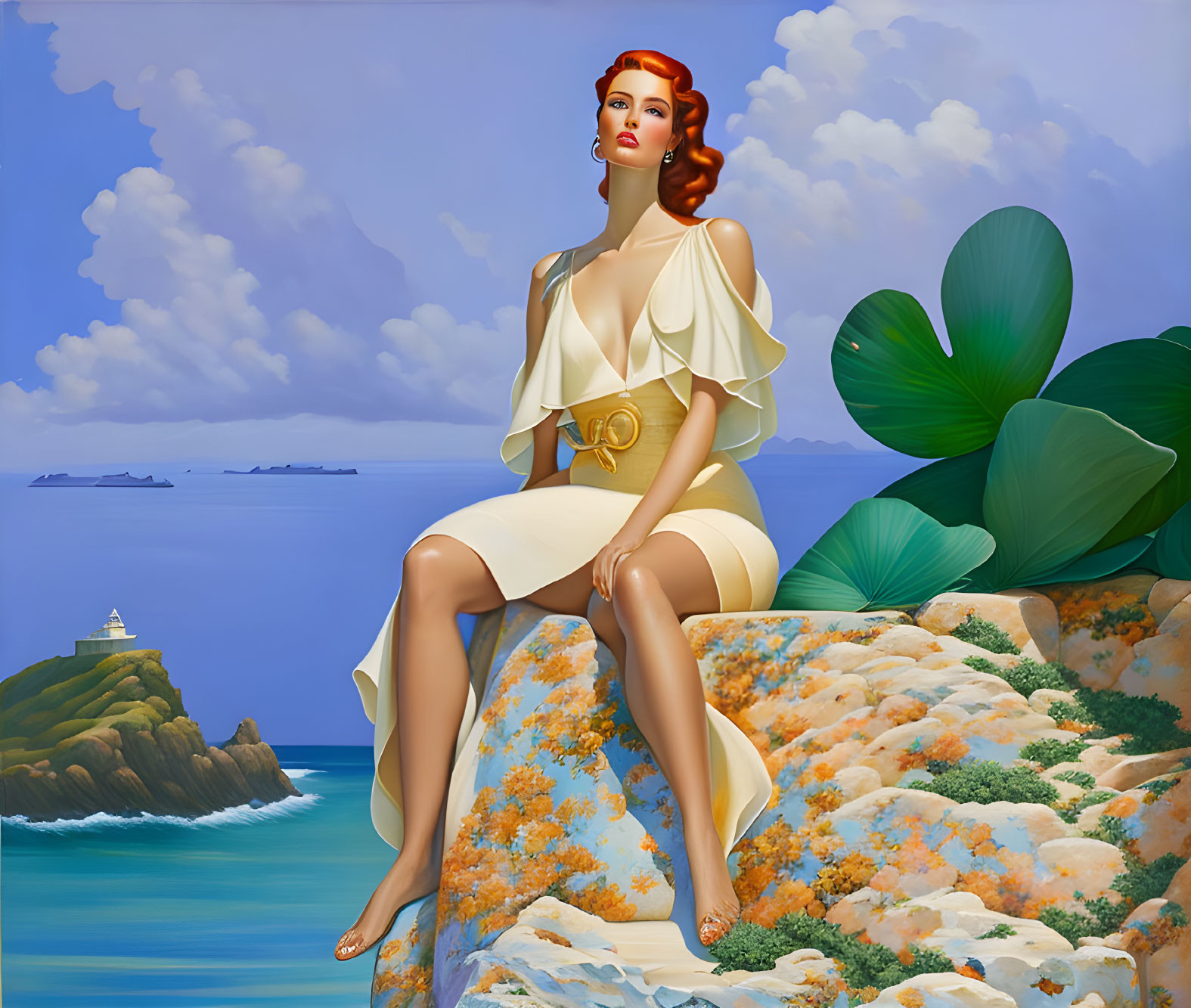 Illustration of woman on rocky outcrop by the sea with ships and greenery