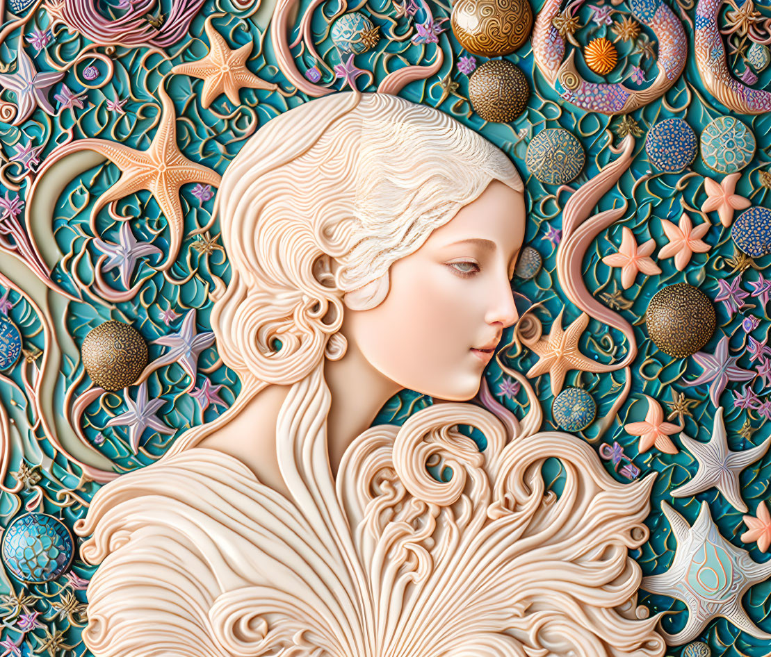 Detailed artwork of serene female figure with flowing hair and marine motifs.