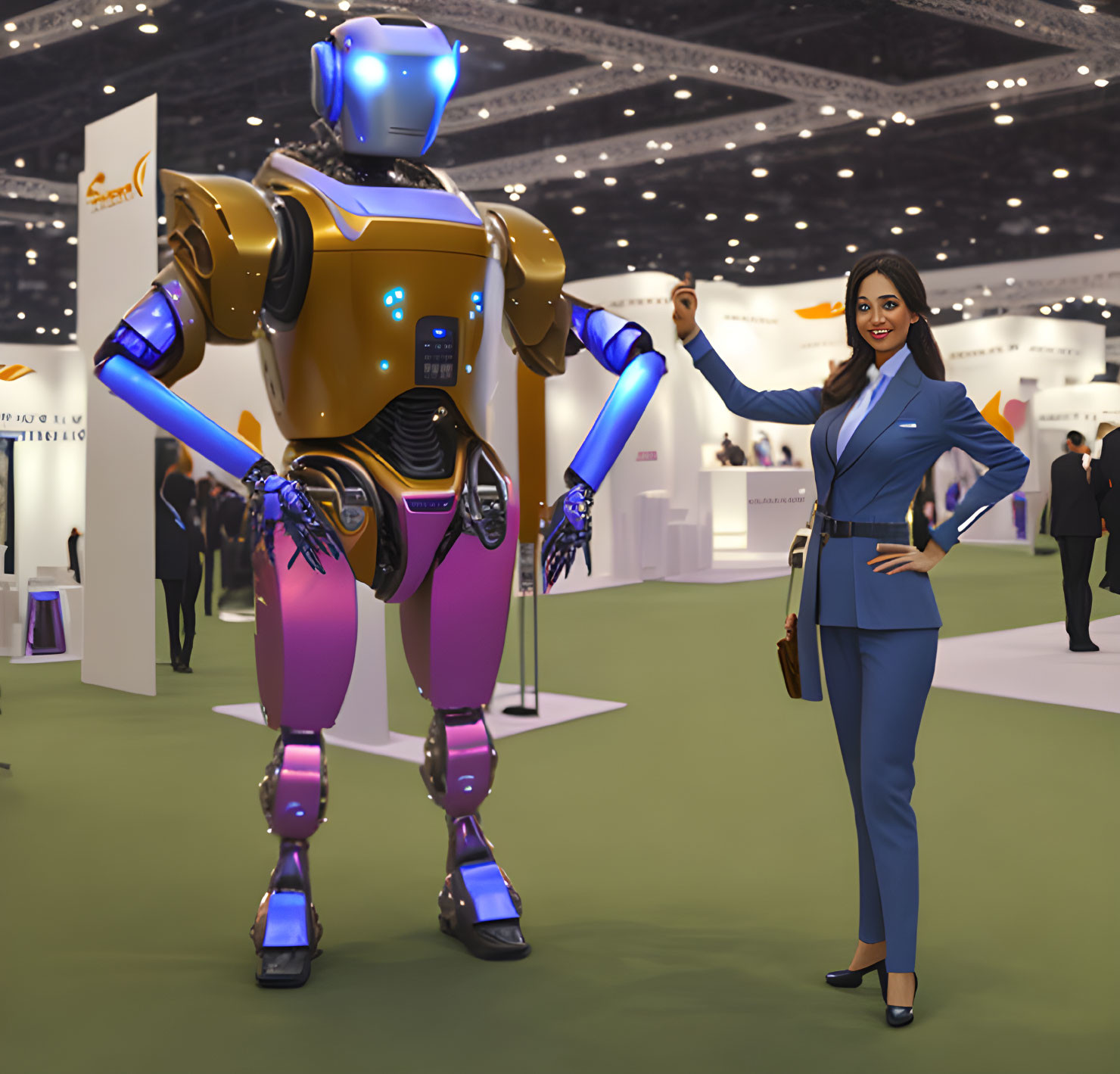 Gold and Purple Accented Humanoid Robot with Smiling Woman in Blue Suit at Technology Expo