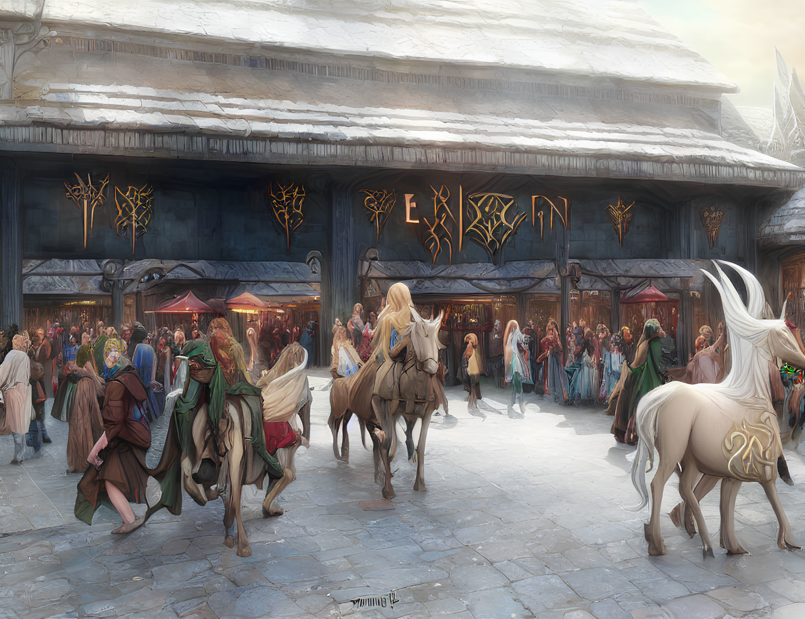 Medieval marketplace scene with people in period clothing and "LE ROY" building under snow-covered roof