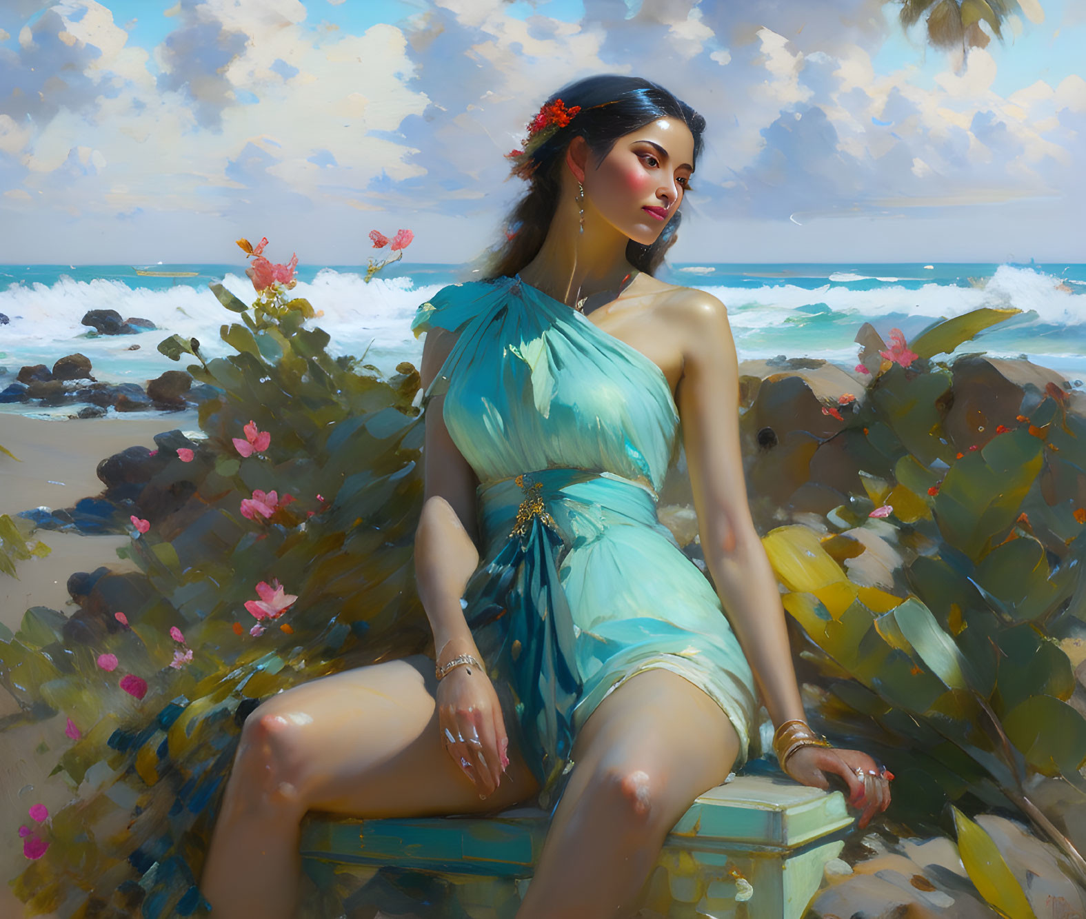 Woman Sitting by the Ocean