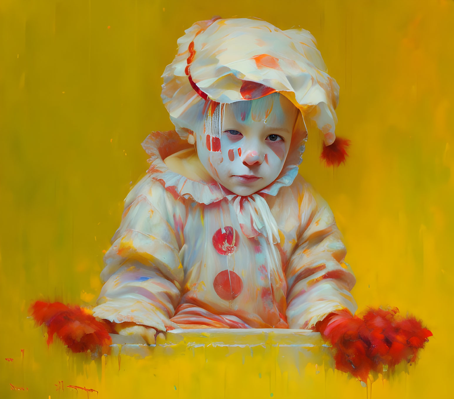 Child in White Costume with Red Polka Dots on Yellow Background
