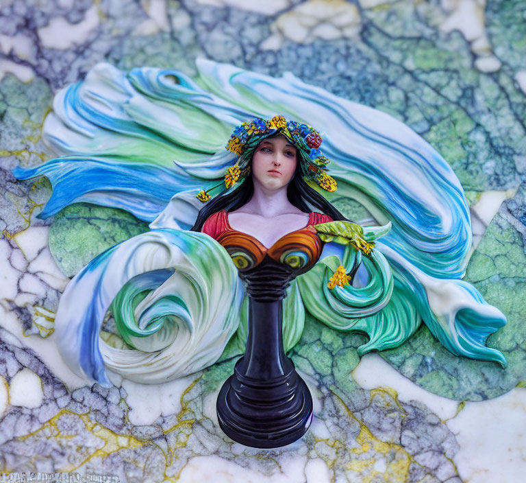 Colorful detailed chess piece: woman with floral crown on marble background
