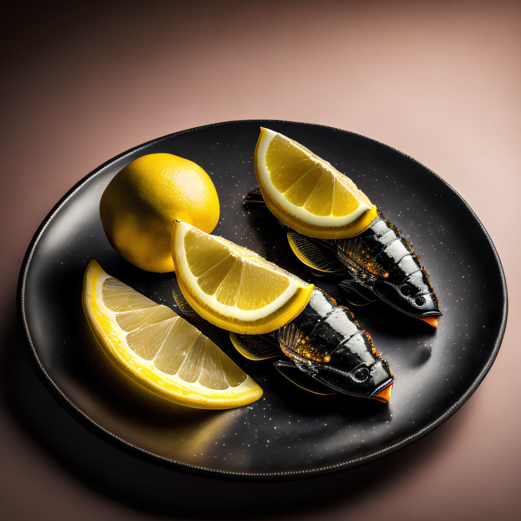 Japanese sushi plate with golden flakes and lemon wedges on black plate