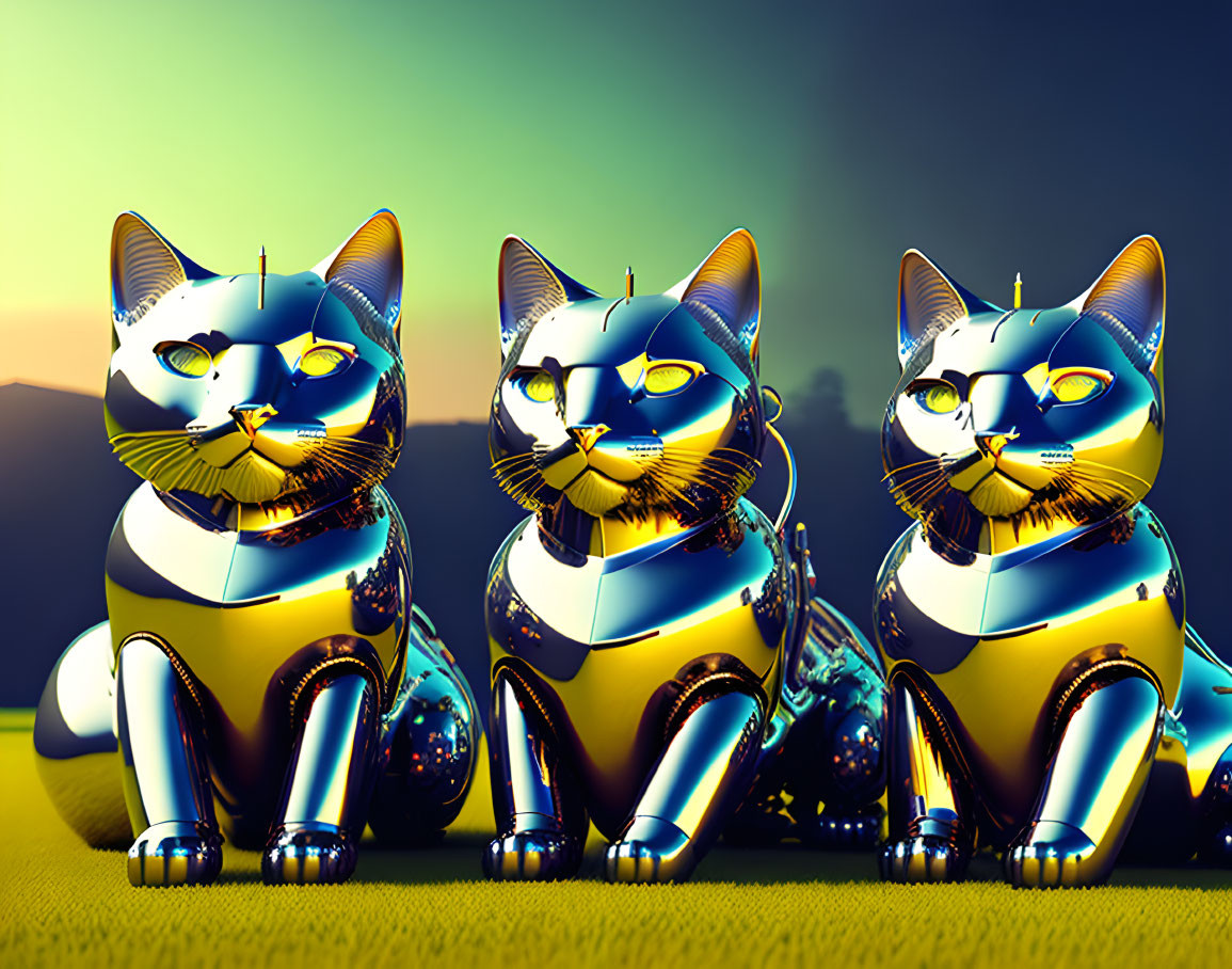 Three metallic cat figures with Egyptian markings against twilight sky
