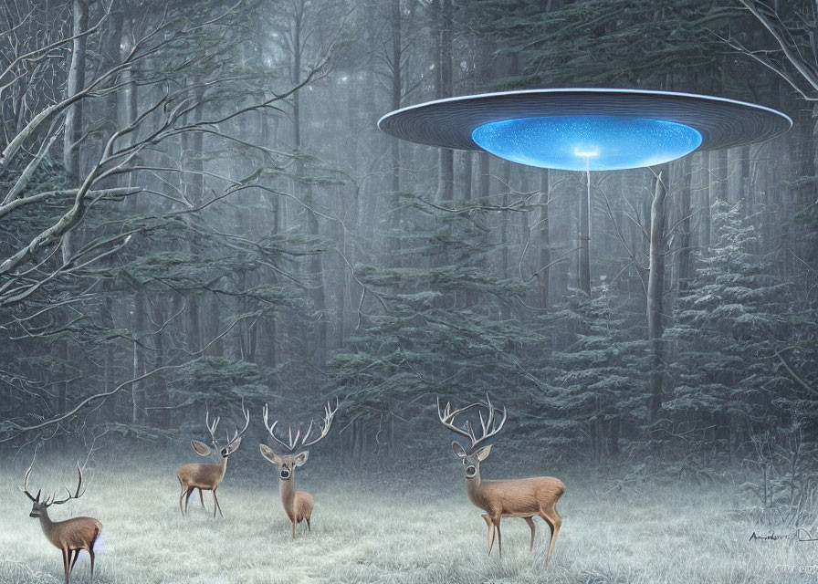 Deer observing hovering UFO in misty forest
