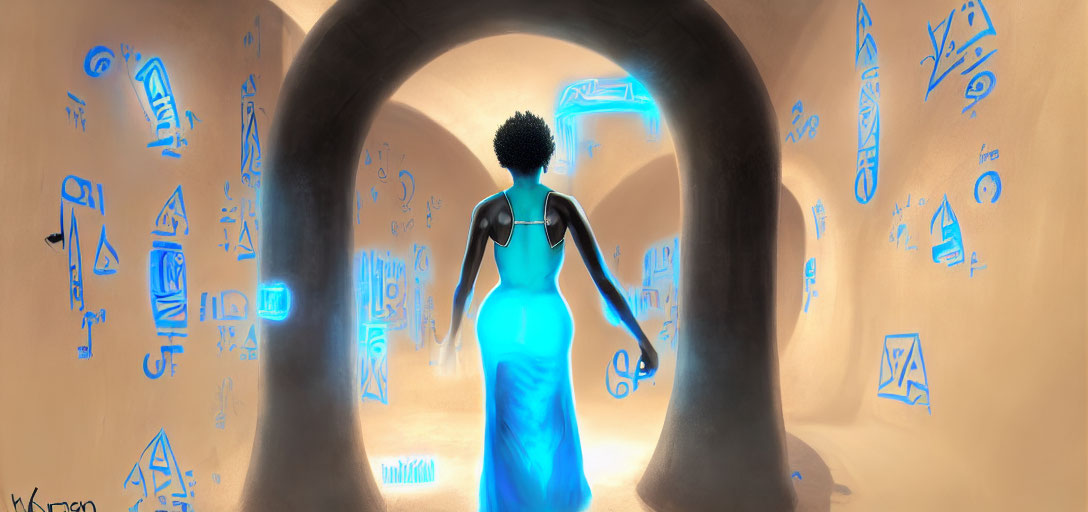Silhouette of person in elegant dress in sandy tunnel with glowing hieroglyphics and bright exit