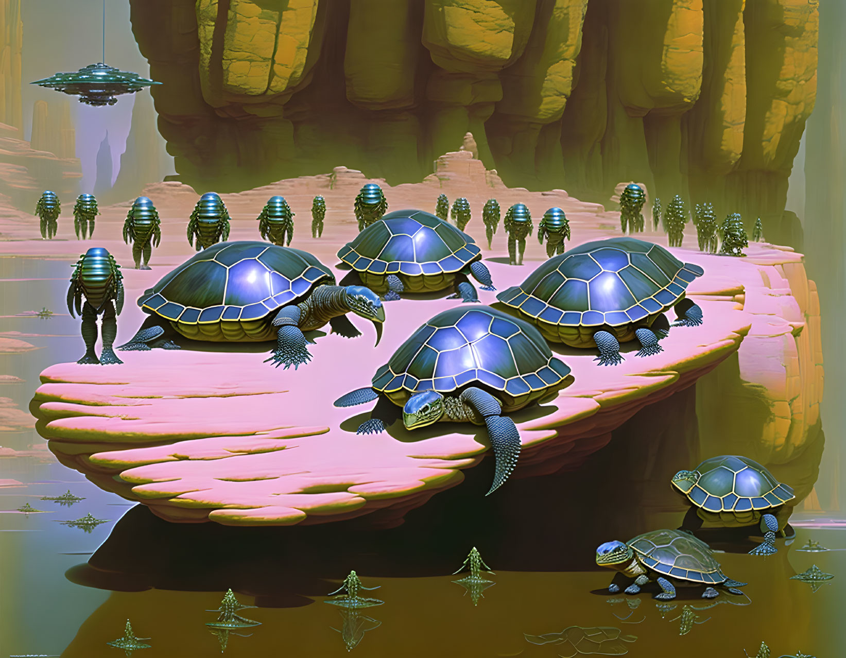 Fantastical oversized turtles, humanoid figures, and floating ships on sandy plateau.