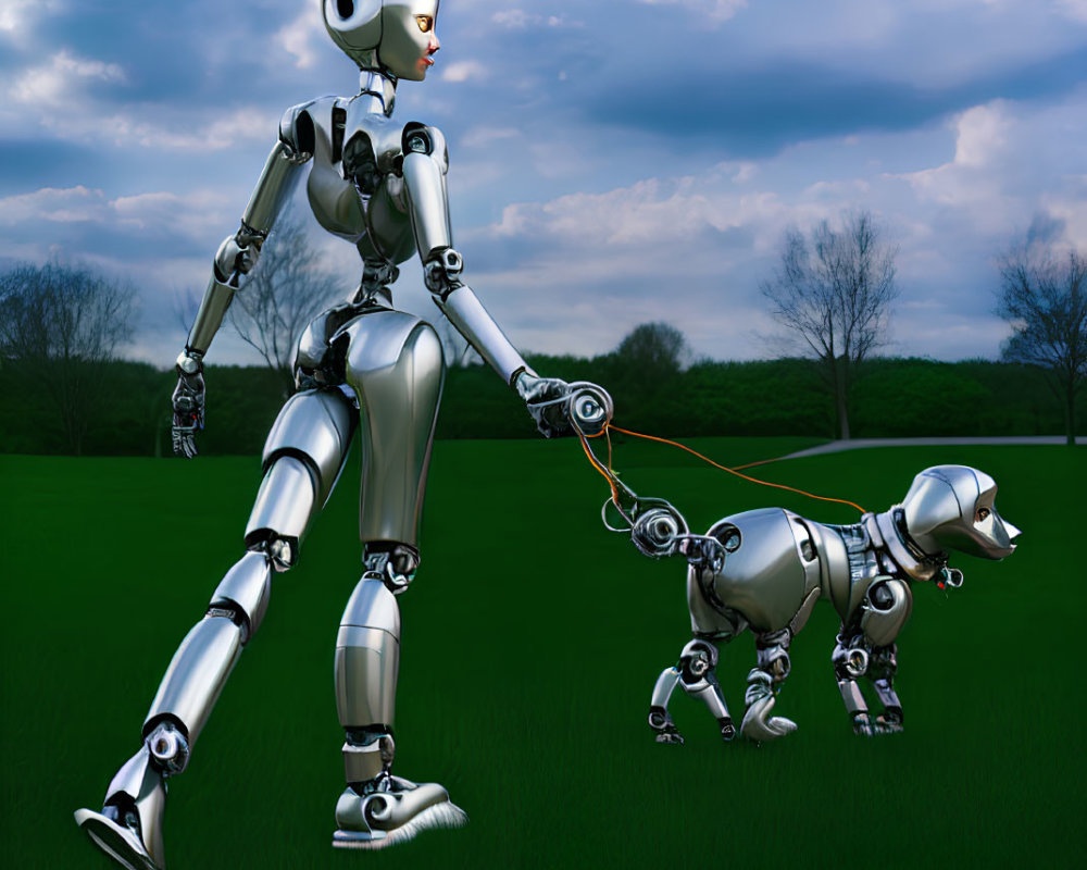Humanoid robot walking robotic dog in green park under cloudy sky