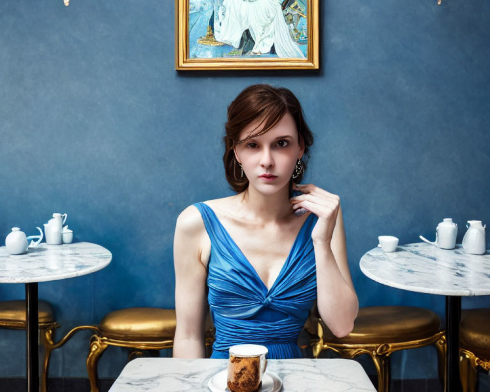 Woman in Blue Dress Enjoying Coffee and Cake at Marble Table with Classic Painting and Wall Lamps