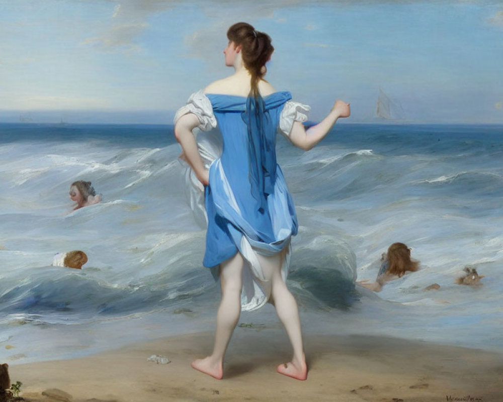 Woman in blue dress on beach with ships and figures in waves