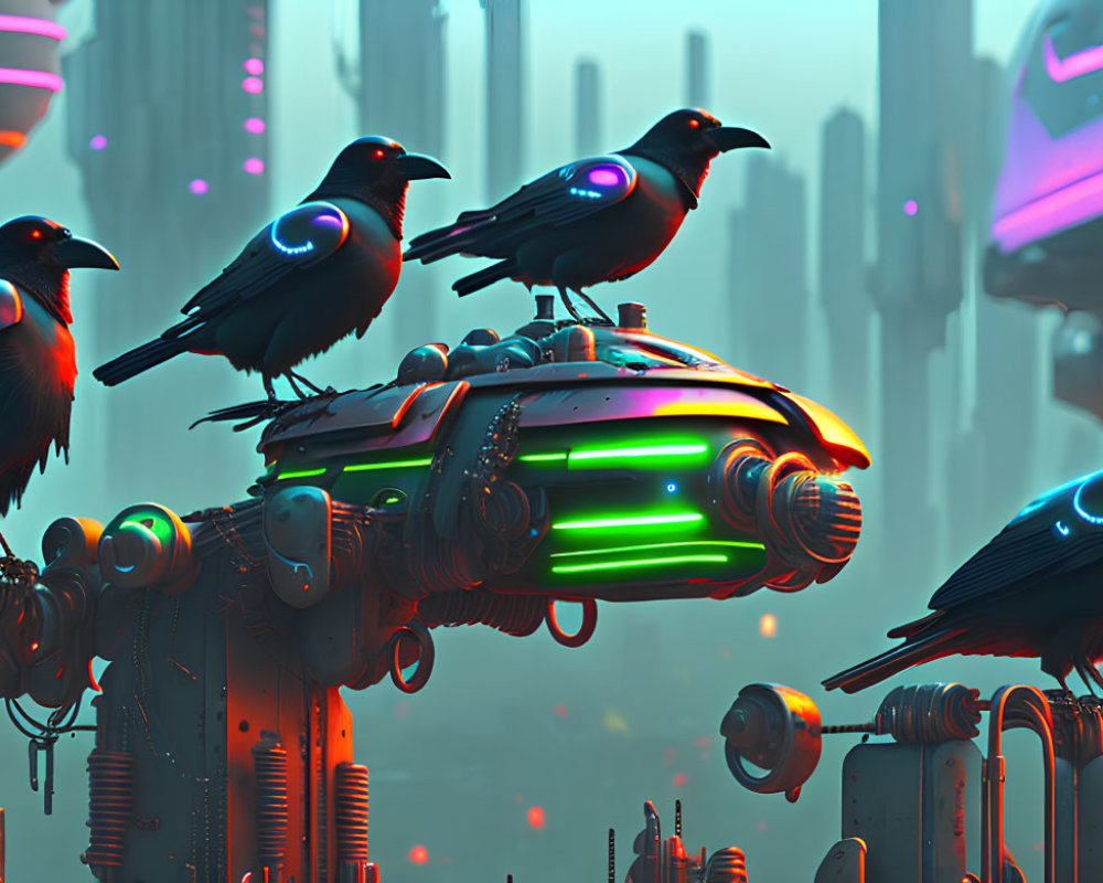 Iridescent crows on futuristic device in neon-lit sci-fi cityscape