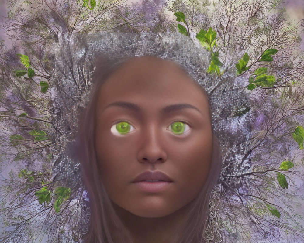 Digital artwork of woman with green eyes and tree branches in purple backdrop