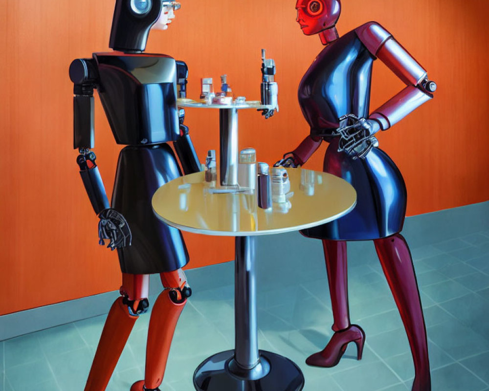 Stylized robots with human-like features conversing around a table with vials