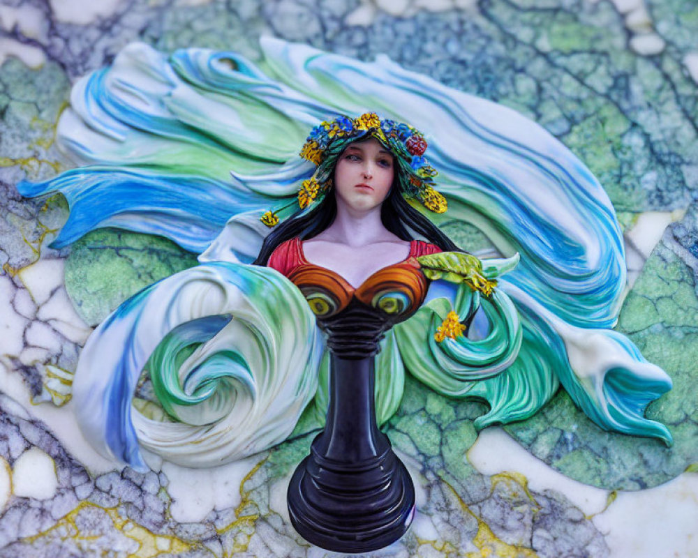 Colorful detailed chess piece: woman with floral crown on marble background