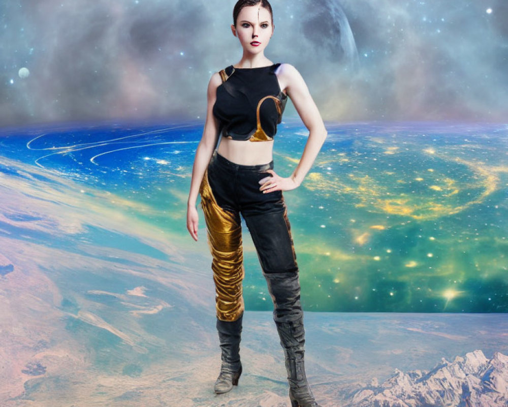 Futuristic woman in black outfit against cosmic backdrop