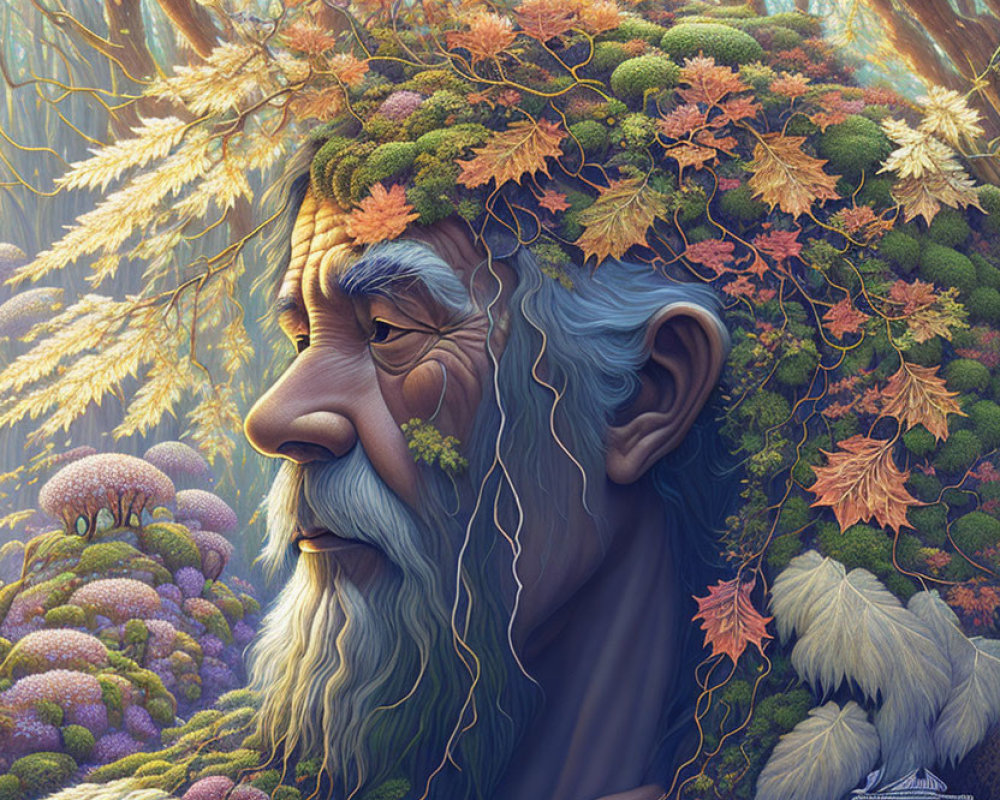 Illustration of wise face merged with forest elements: leaves, vines, moss