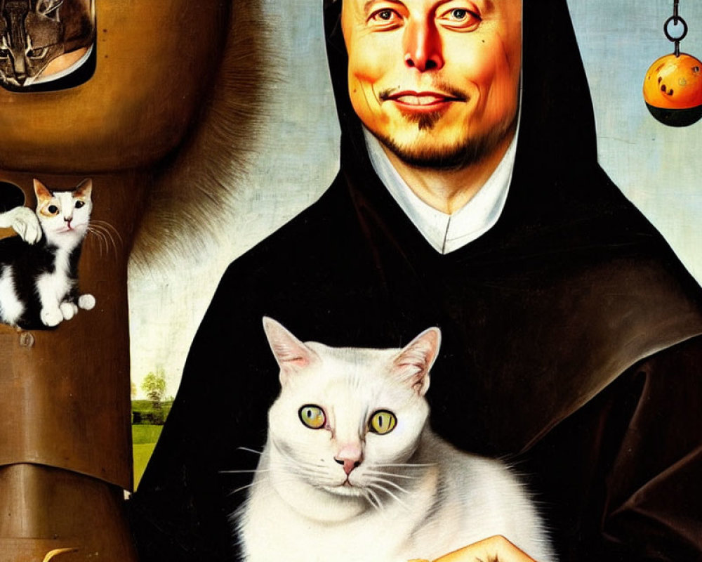 Whimsical painting of person in monk's robe with cats