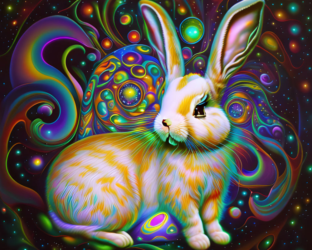 Colorful Psychedelic Rabbit Illustration with Swirling Cosmic Patterns
