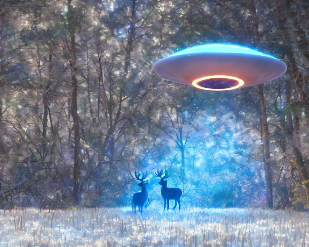 Misty forest night scene with two deer and glowing UFO