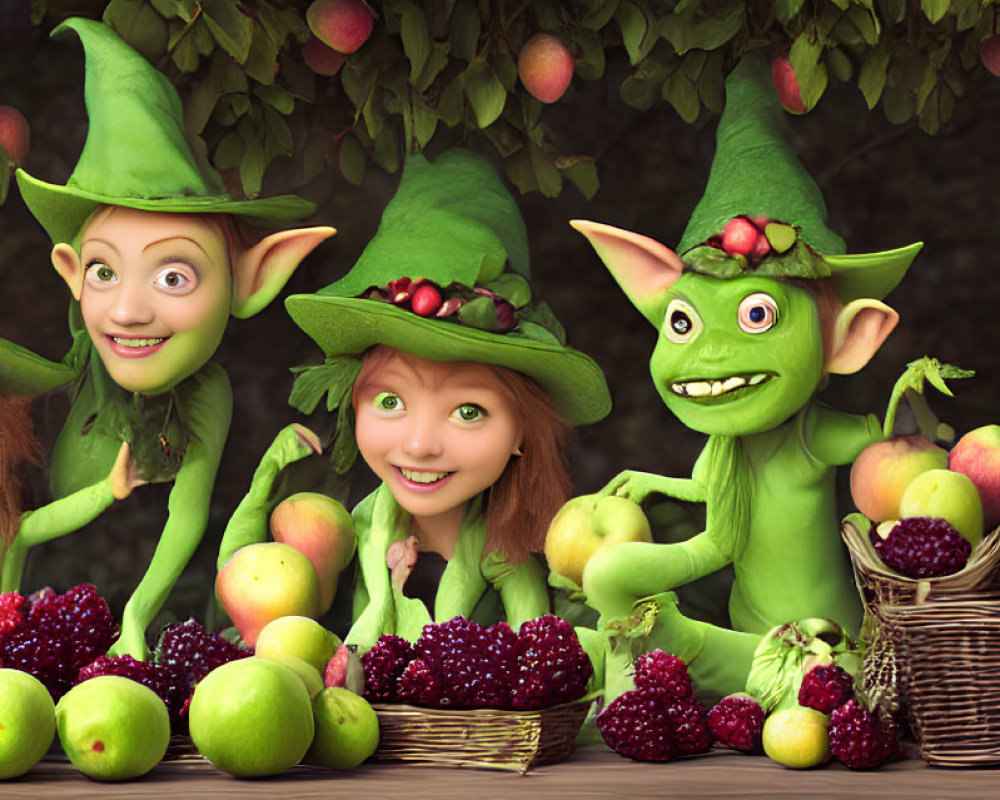 Colorful animated characters in a fruit-filled garden setting