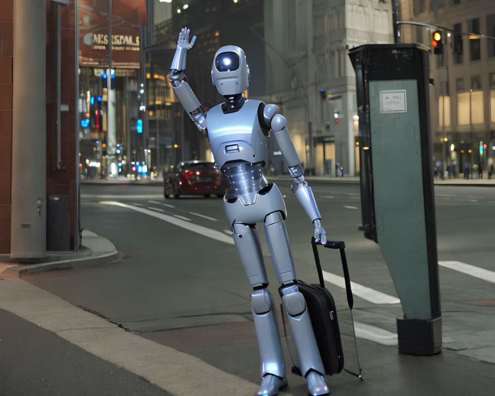Humanoid robot waving on city sidewalk at dusk with suitcase, streetlights, towering buildings.