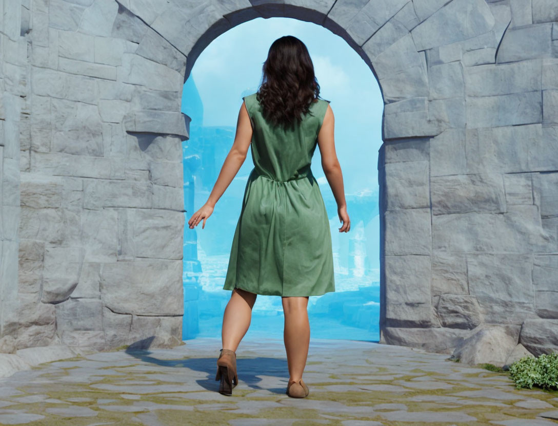 Woman in green dress and brown boots walking towards stone archway under bright sky.