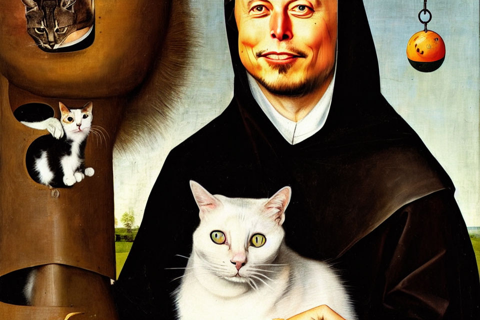 Whimsical painting of person in monk's robe with cats
