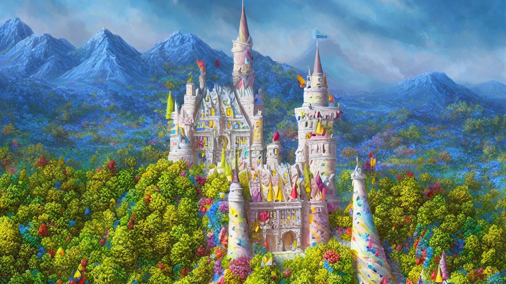 Colorful fantasy castle in forest with mountains and cloudy sky