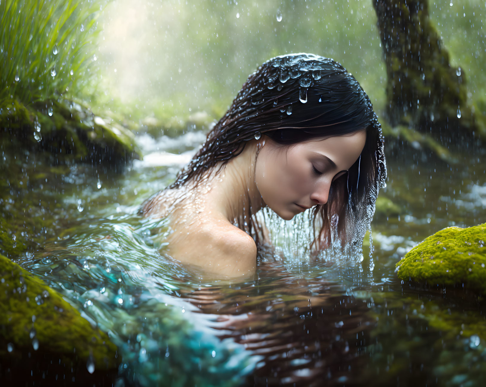 Woman bathing in rain