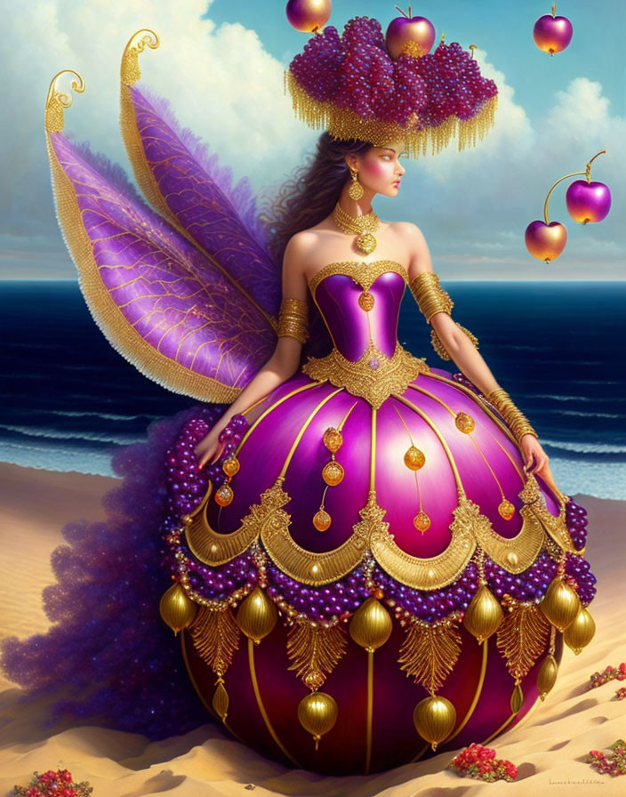 Fantastical figure in purple and gold gown with passionfruit-like design on a beach