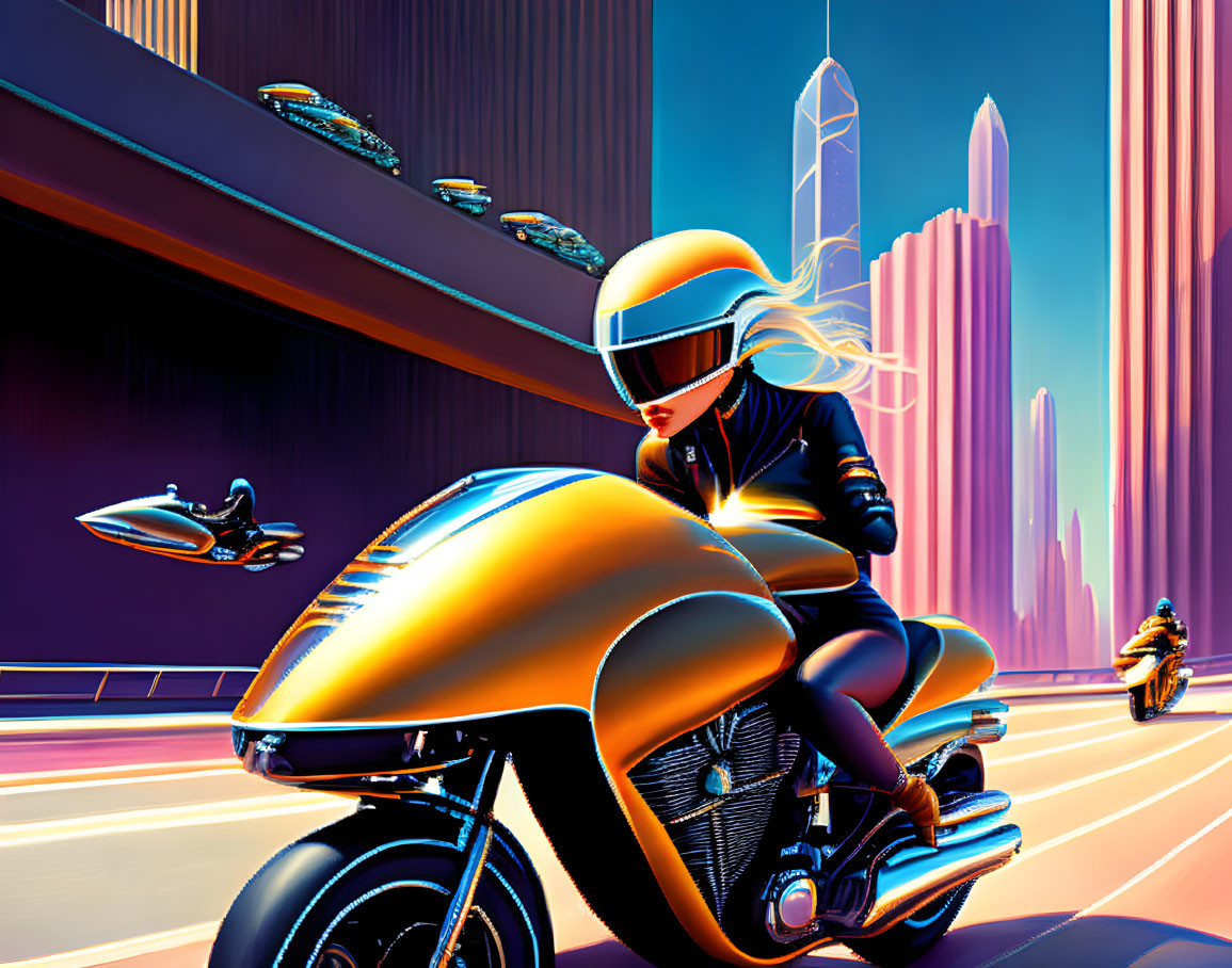 Futuristic rider on orange motorcycle in neon cityscape
