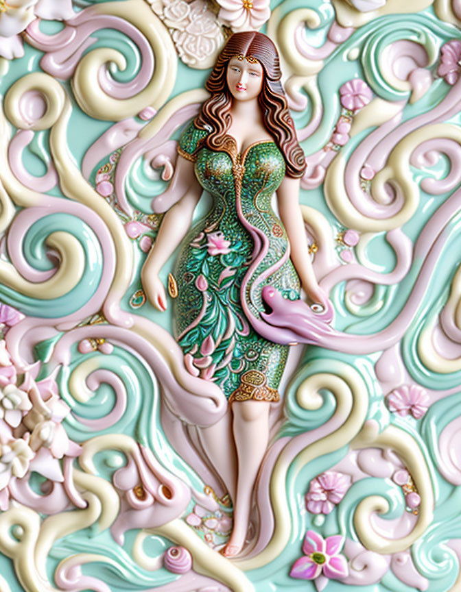 Detailed relief sculpture of woman in ornate green dress with flowing hair surrounded by pastel swirls and
