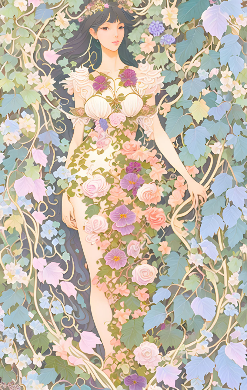 Illustrated Woman with Dark Hair and Floral Adornments in Gown Among Lush Vines