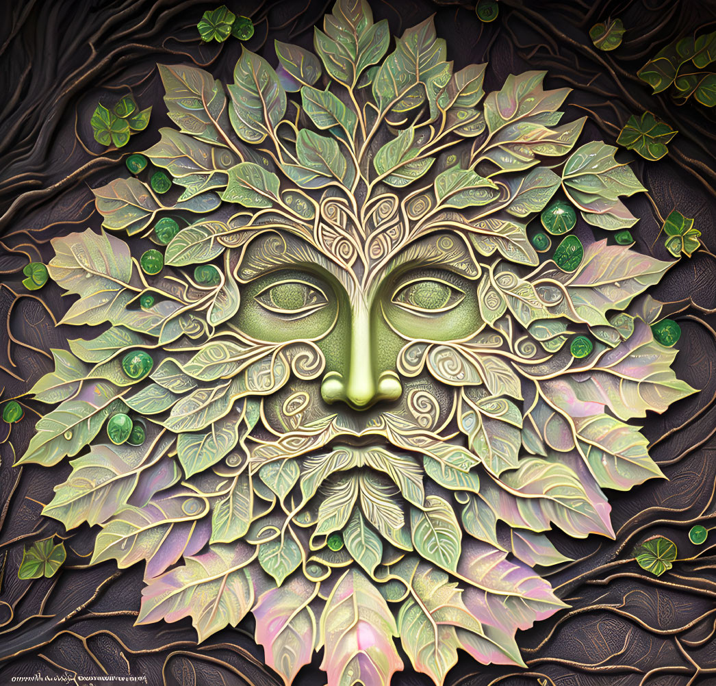Detailed Green Man Illustration Symbolizing Nature and Rebirth on Textured Dark Background
