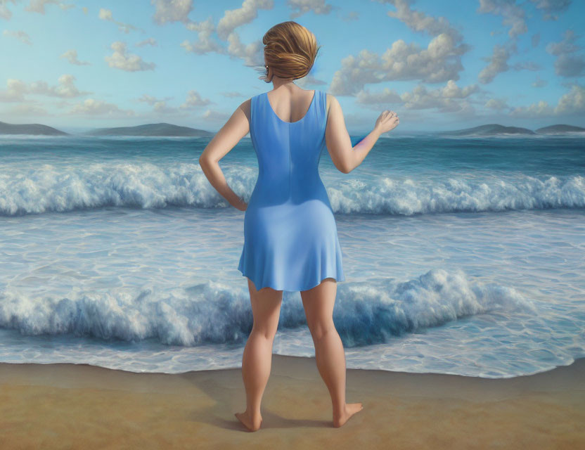 Woman in Blue Dress on Sandy Beach Facing Ocean Waves