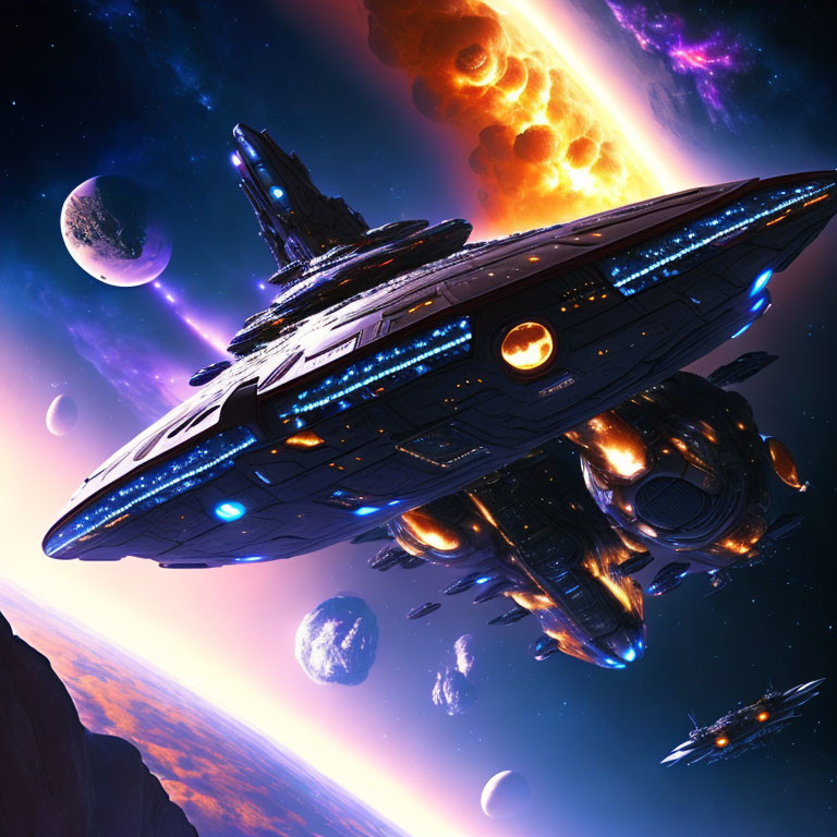 Detailed futuristic spaceship flying through vibrant cosmic scene