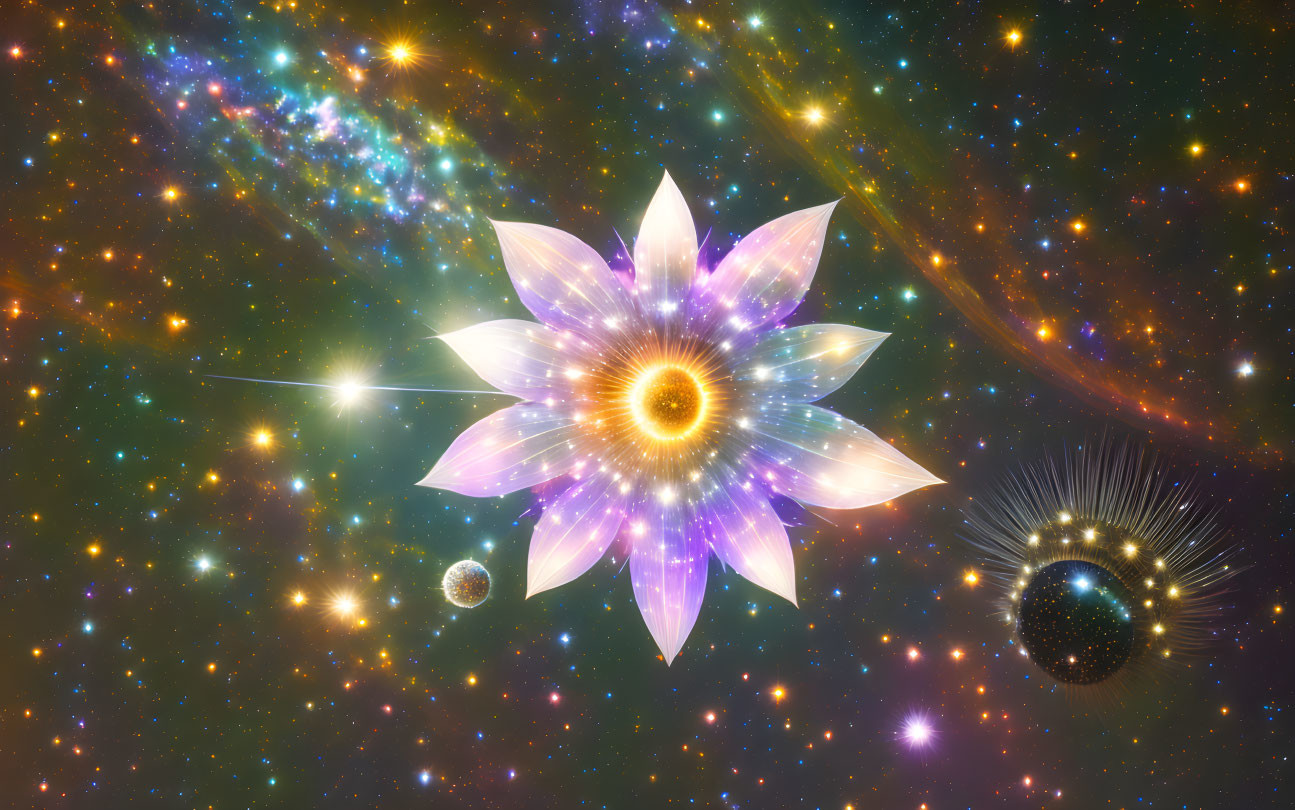 Colorful Cosmic Scene with Large Stylized Flower and Celestial Elements